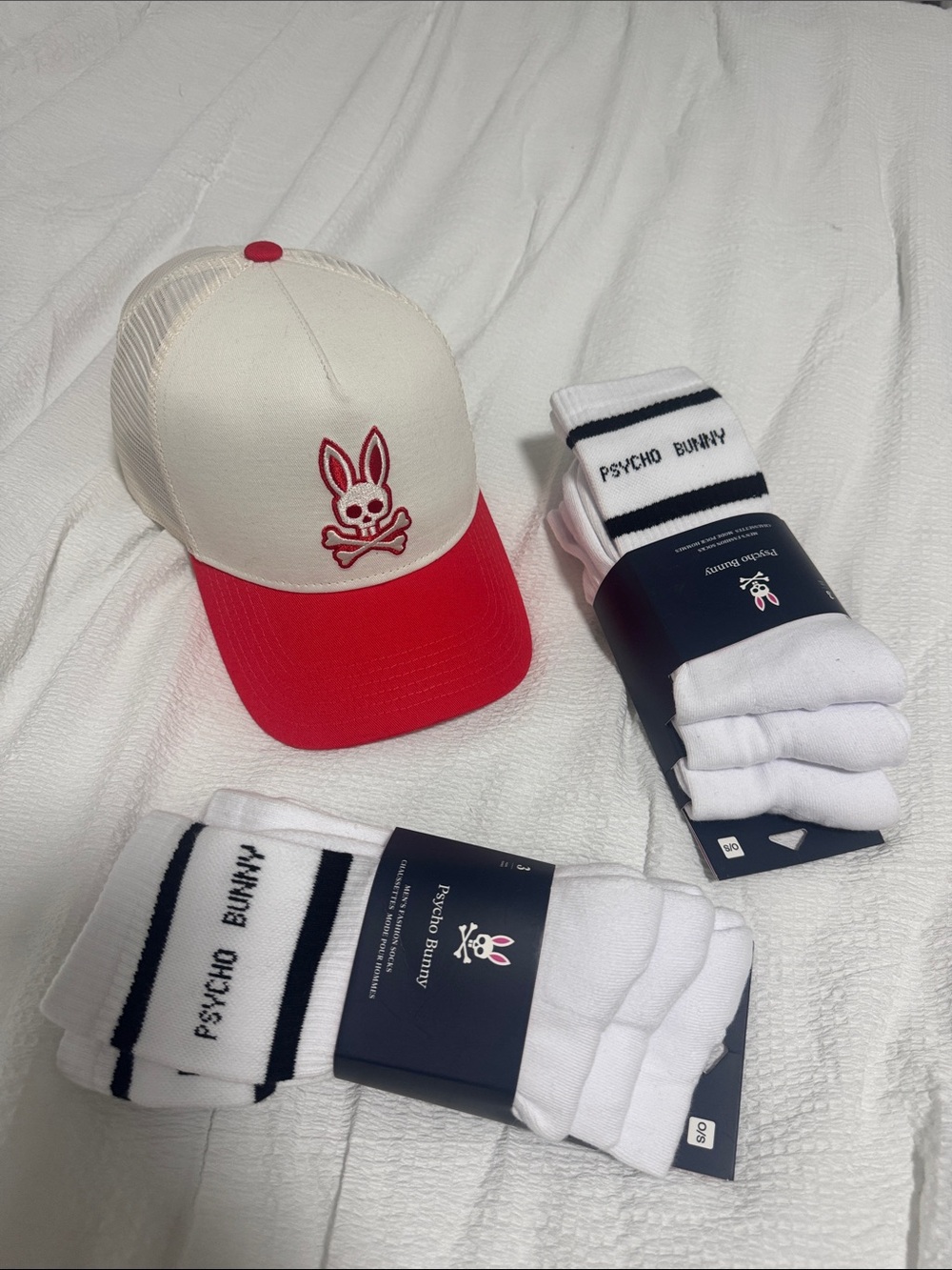 Psycho Bunny Cream and Red Trucker Hat with White Logo Socks Set - Picture 1 of 4